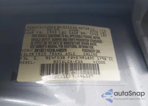 2009 Nissan Versa 1.8Sl z USA, uszkodzony, nr VIN 3N1BC11EX9L446529